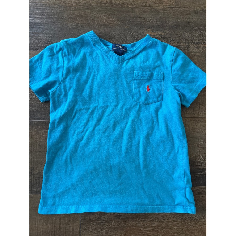 Polo Ralph Lauren Boys Turquoise Blue V-Neck Pocket T-Shirt Size 6 Red Pony Logo